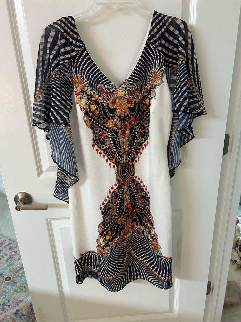 VENUS White Mini Dress with Navy Striped Sleeves and Multicolor Bead Print